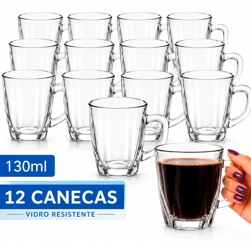 Jogo 12 Canecas Vidro Cristalino 130ml para Café e Chá Elegancia Buffet Padaria Dia a Dia