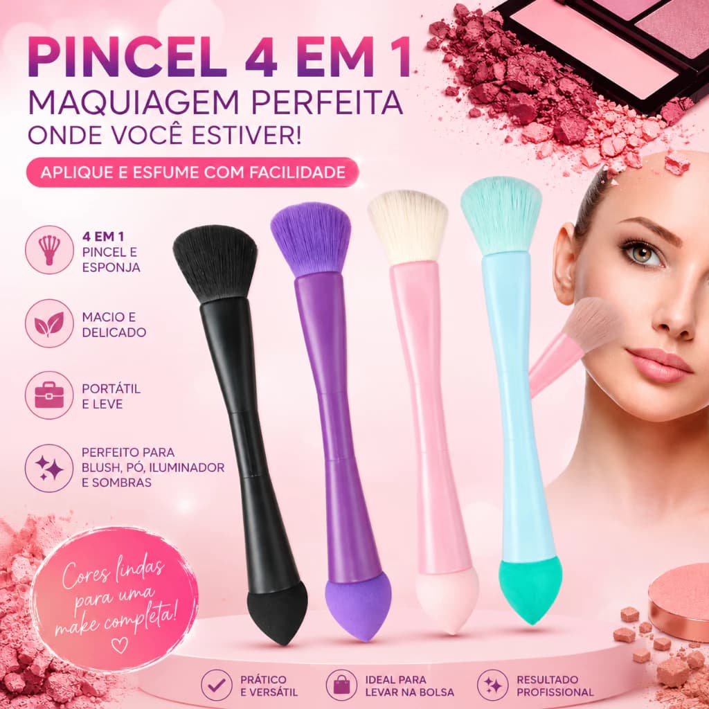 Pincel de Maquiagem 4 em 1 para Base Olhos Contorno Blush Portatil para Viagem