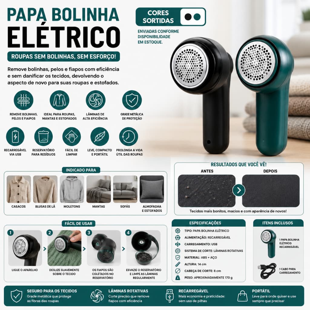 Papa Bolinha Elétrico Recarregável Removedor de Pelos Fiapos para Roupas Sofá Estofados USB