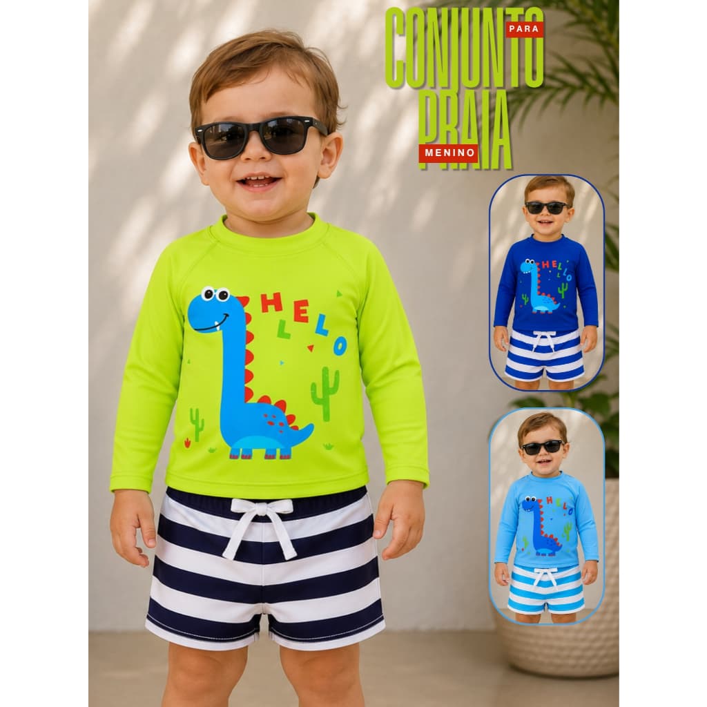 Sunga Infantil Menino Conjunto Camiseta Proteção Uv 50 Sunga Boxe Box