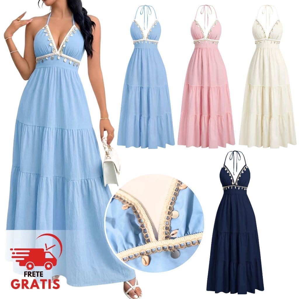 Vestido Longo Feminino Boho Chic Verão Gringa Casual Elegante Festa Praia Alça Regulável Premium
