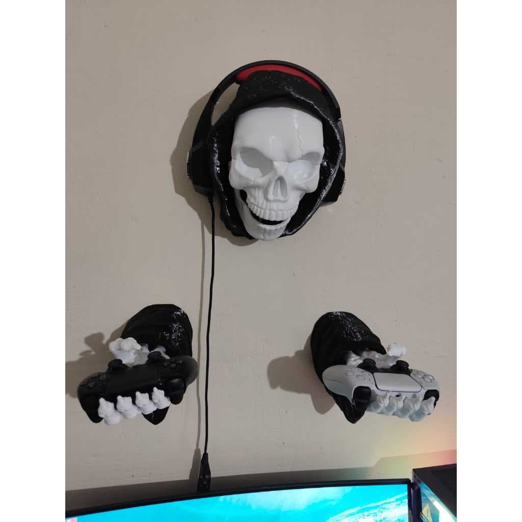 Suporte de Parede Caveira Gamer 3 em 1 para Headset e Controles | Decoração Gamer