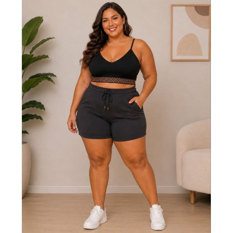 Conjuntos de Short Feminino canelado Cintura Alta com bolso Cropped Top Sem bojo elastano blogueira calor juvenil