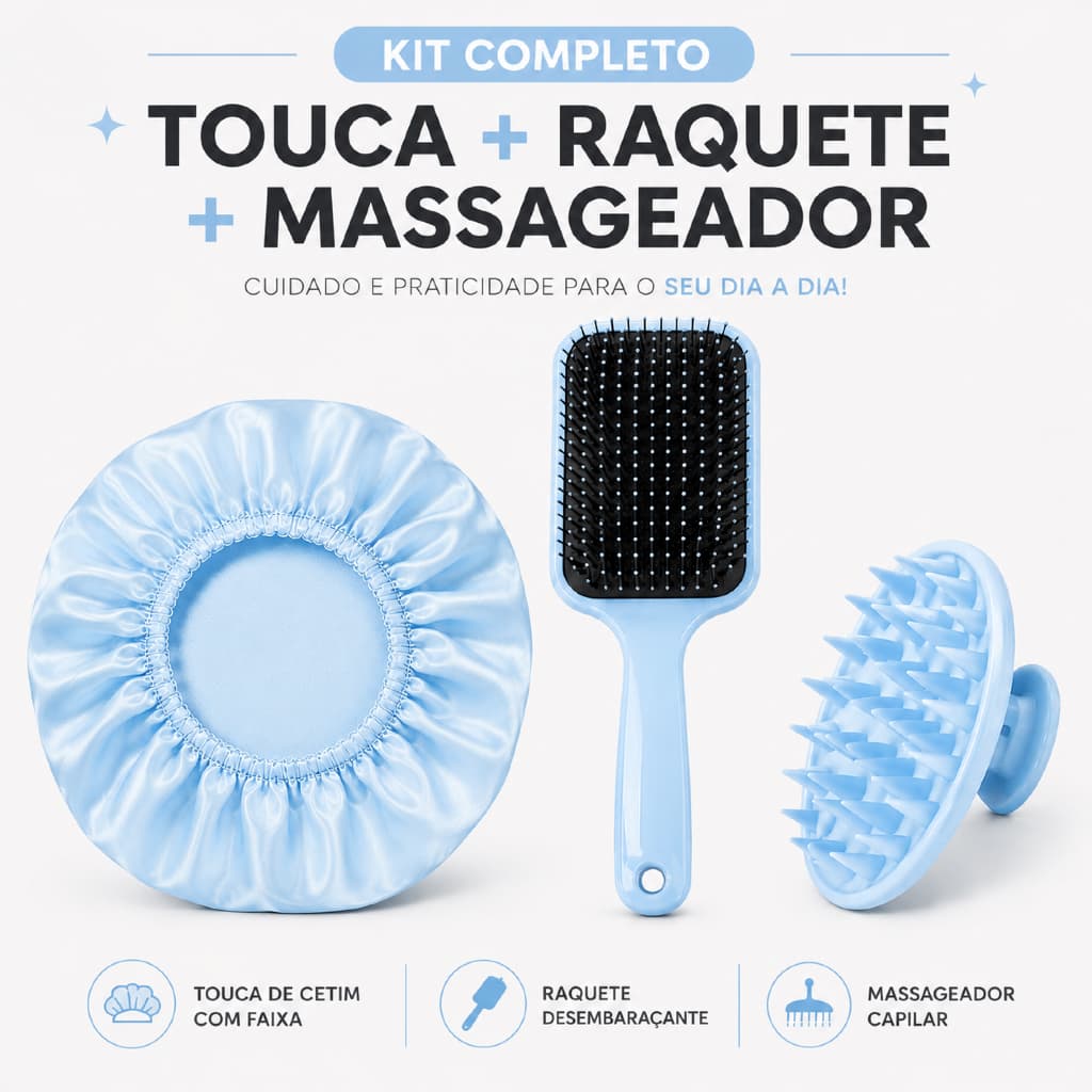 Kit 3 em 1 – Escova Raquete + Escova Massageadora de Silicone + Touca de Cetim