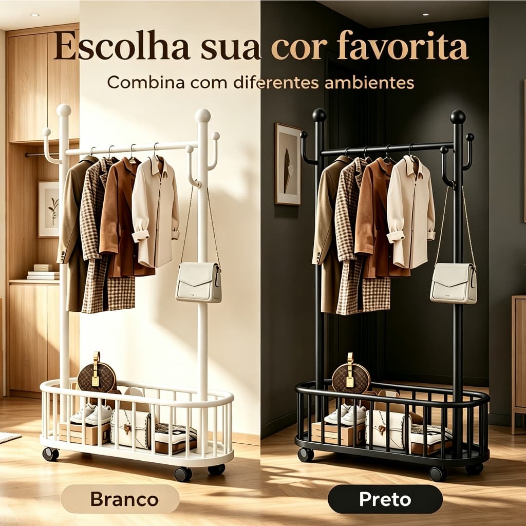 Cabideiro de chão com rodinhas, arara de roupas com cesto e ganchos, organizador prático para entrada, quarto e closet