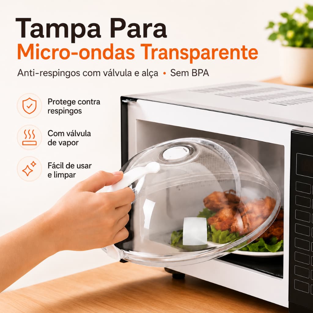 Tampa para Micro-ondas 27cm Anti-Respingos com Válvula Alça e Protetor de Alimentos