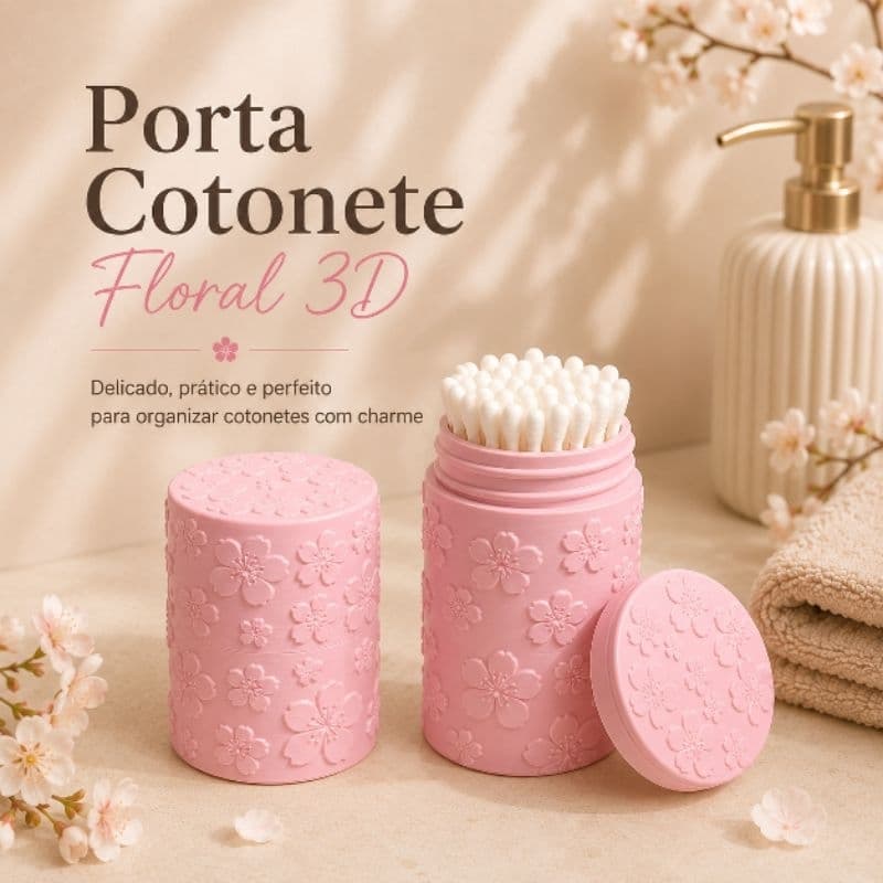 Porta Cotonetes Floral 3D com Tampa – Organizador para Banheiro, Penteadeira e Viagem