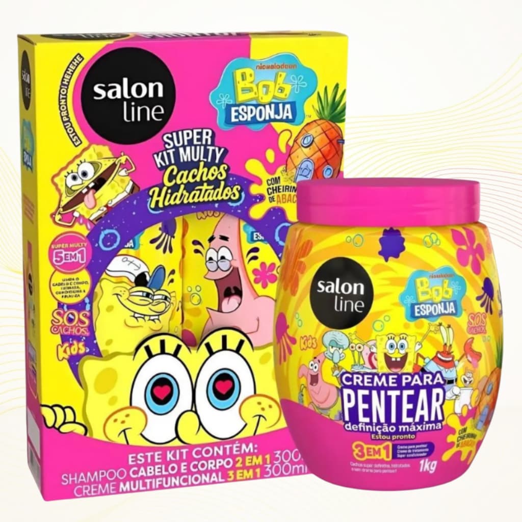 Kit Kids Cachos Salon Line Bob Esponja 300ml Shampoo Creme Condicionador