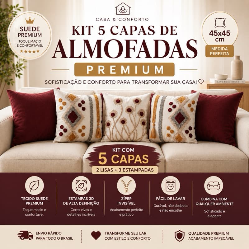Kit 5 Capas de Almofadas 45x45 Suede Premium Decorativas Sala Sofá Luxo Zíper Invisível Lavável