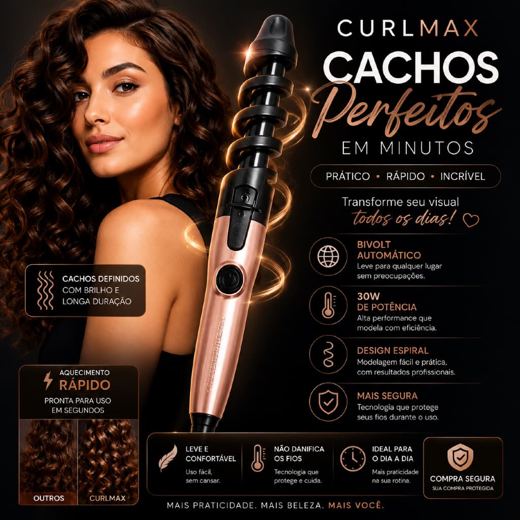 Modelador de Cachos Premium Bivolt Espiral | Cachos de Salão em Minutos • Aquecimento Rápido • Longa Duração
