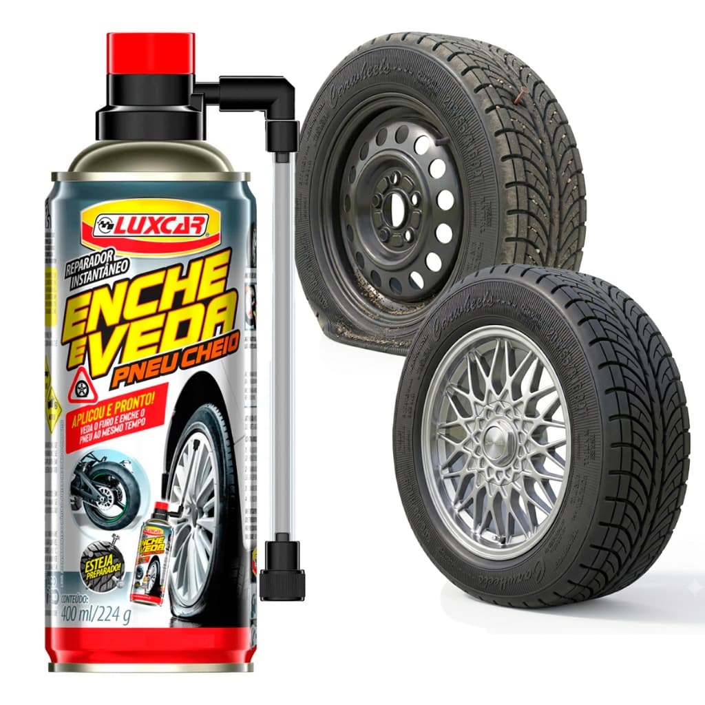 Reparador de Pneu Spray Luxcar 400ml Enche Veda Instantaneamente Carro Moto Com ou Sem Câmara de Ar