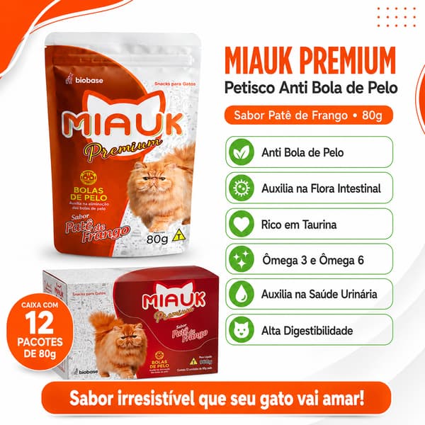 Petiscos Gatos Miauk Premium Anti Bola de Pelo para Gatos – Caixa com 12 Pacotes de 80g | Sabor Patê de Frango