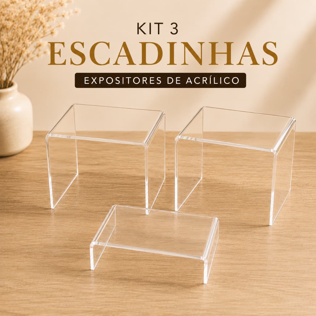 Kit 3 Expositores Escadinha em Acrílico Transparente 2mm para Vitrine e Organização de Produtos
