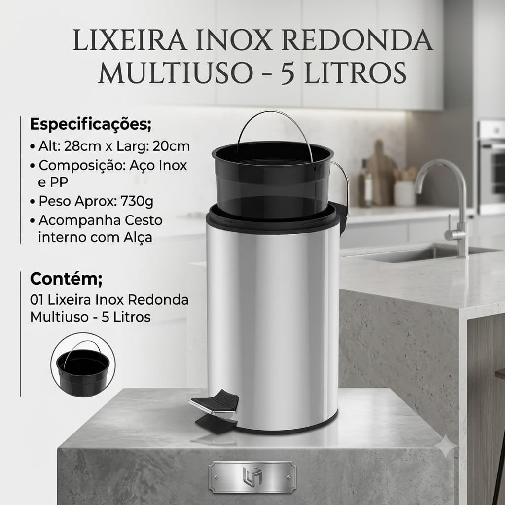 Lixeira inóx 5 L pedal balde removível cesto banheiro cozinha lixo com tampa escritório escolar