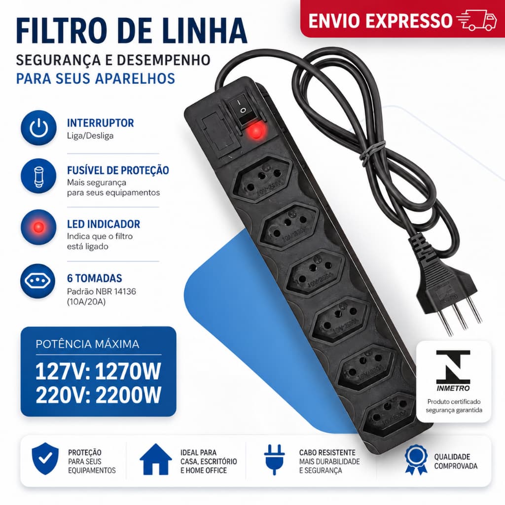 Filtro de Linha Preto 3, 4, 5 e 6 Tomadas Régua Elétrica 0.85  METROS