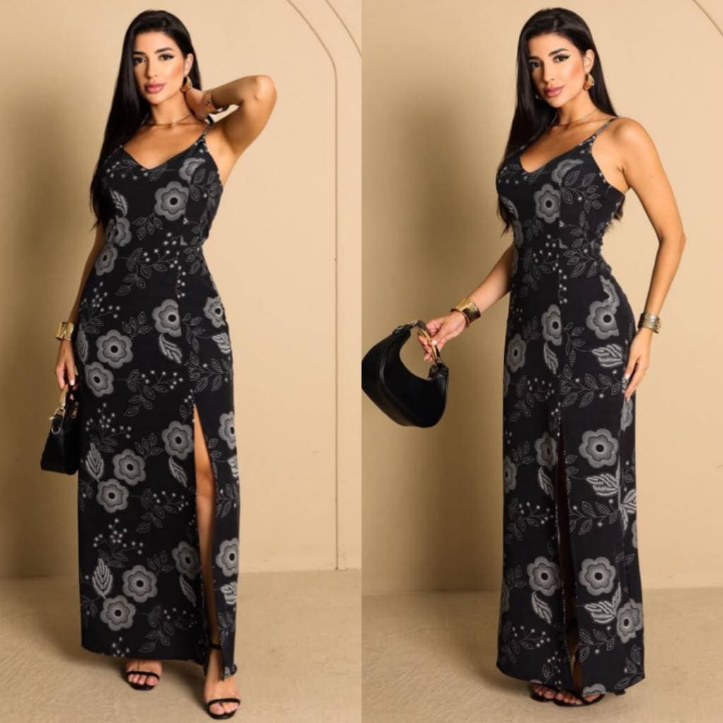 Vestido longo costa fechado com fenda decote v alça ajustável moda elegante feminino