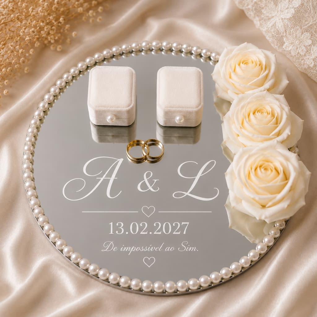 Porta Alianças Personalizado Espelhado com Pérolas | Casamento | Iniciais e Data dos Noivos 25 cm