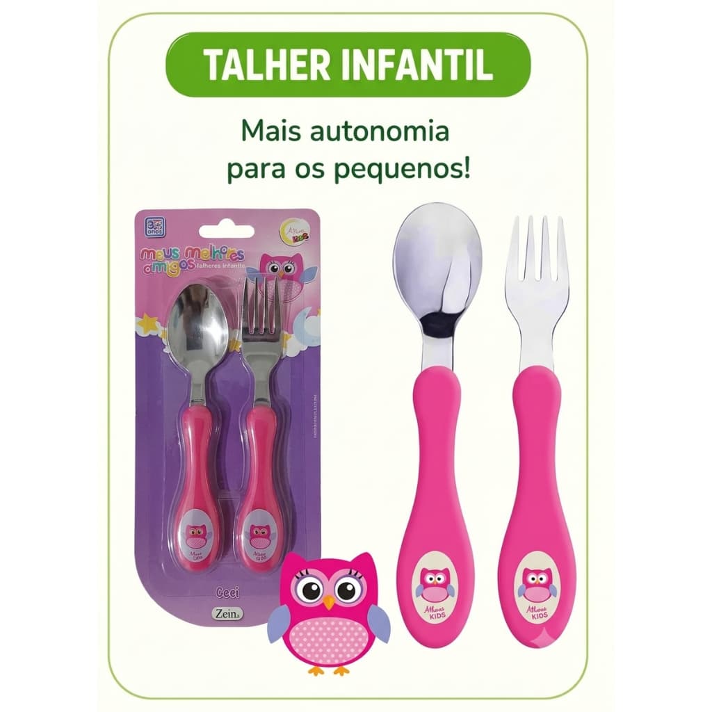 Kit Talher Coruja Rosa Alimentação Infantil Criança Bebê Menina