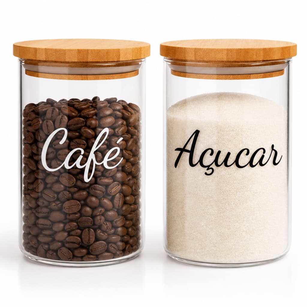 2 Potes De Vidro Hermético Tampa De BAMBU P/ Café E Açucar