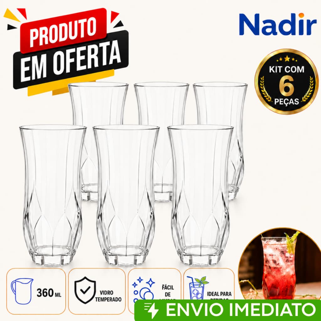 jogo 6 Copos Opera Long Drink 360ml de vidro cristalino copo de drink, suco  Nadir Figueiredo