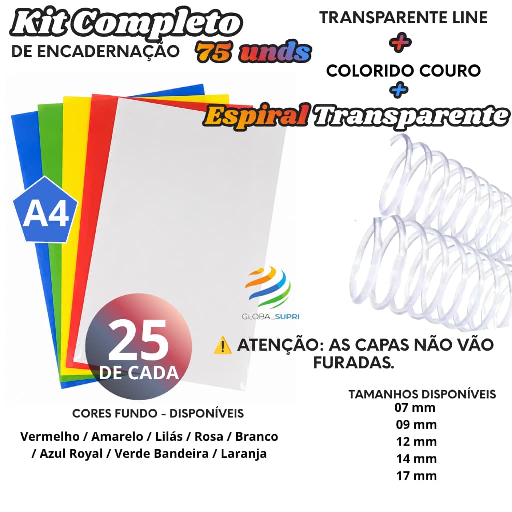 Kit p/ Encadernação 75 un | 25 Capas A4 TRANSPARENTE LINE + 25 A4 COLORIDO COURO + 25 Espirais TRANSPARENTE