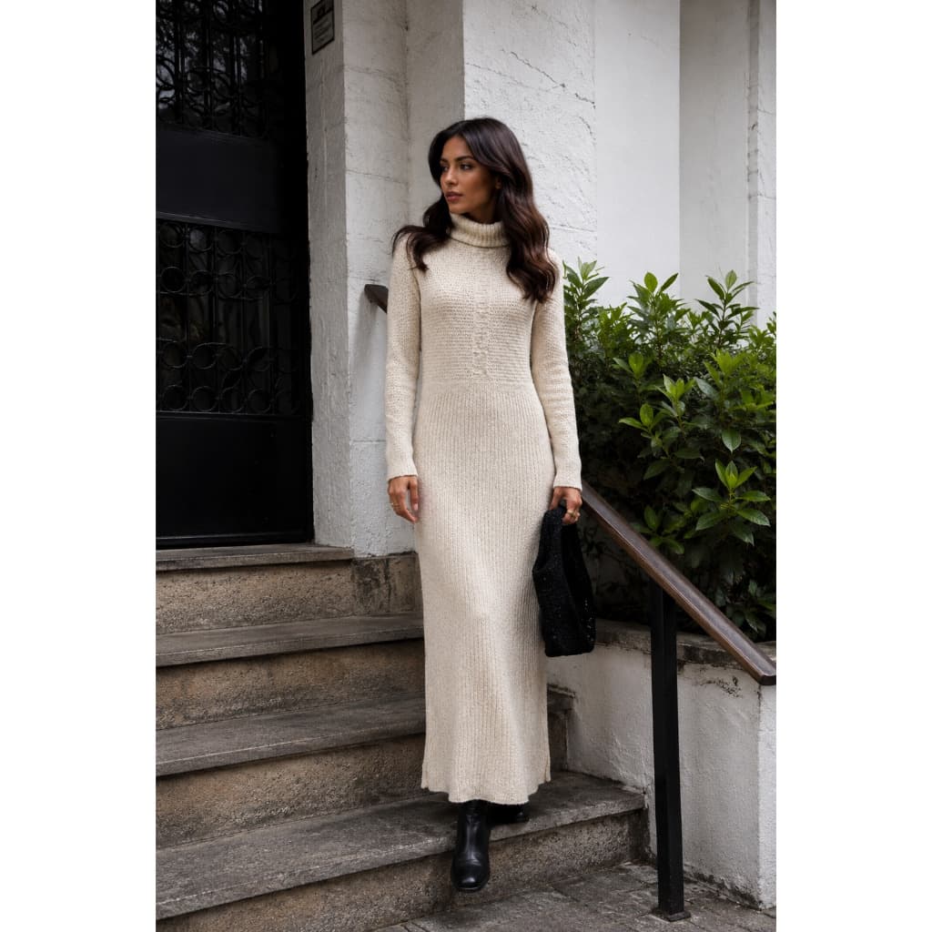 Vestido Longuete em Tricô Mousse com Gola Alta