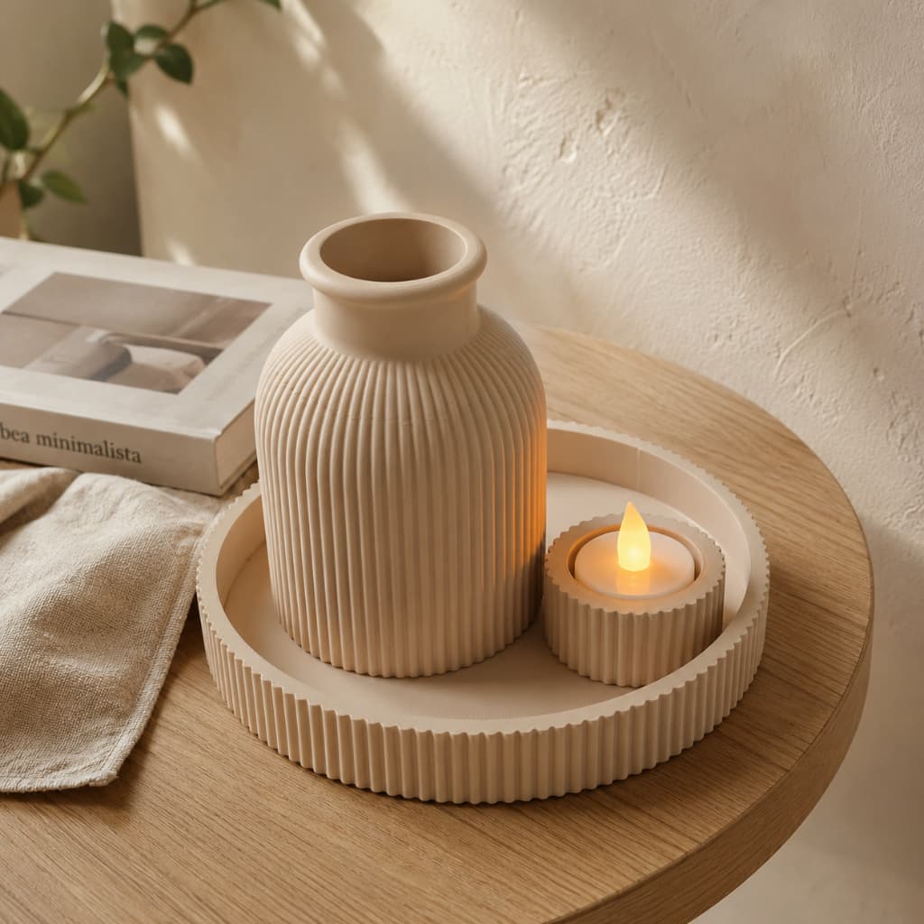 Kit Decorativo Para Sala com Vaso Bandeja Porta-Velas e Iluminação LED de Brinde
