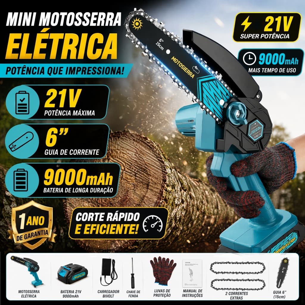 Motosserra Elétrica Portátil 6 Polegadas Bateria 5 Células para Poda de Galhos e Corte de Madeira