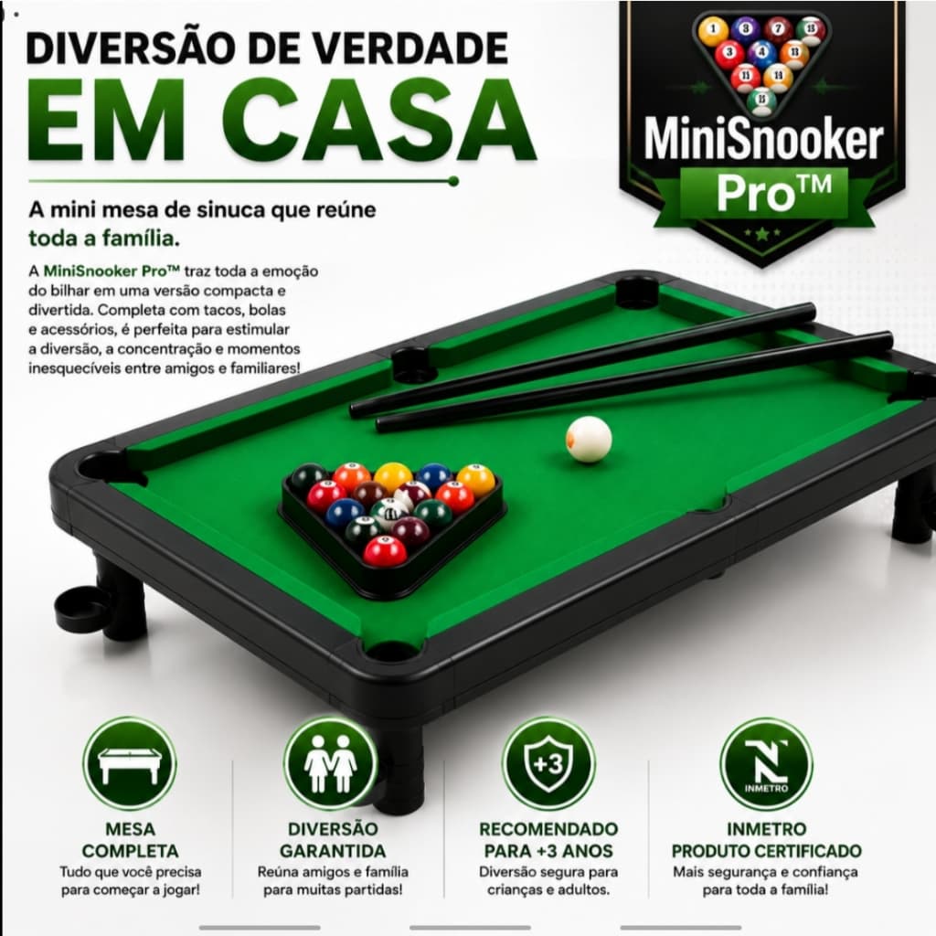 Mesa de Bilhar Infantil MiniSnooker Pro™ Sinuca Snooker com 2 Tacos 11 Bolas Mesa Completa Brinquedo Educativo