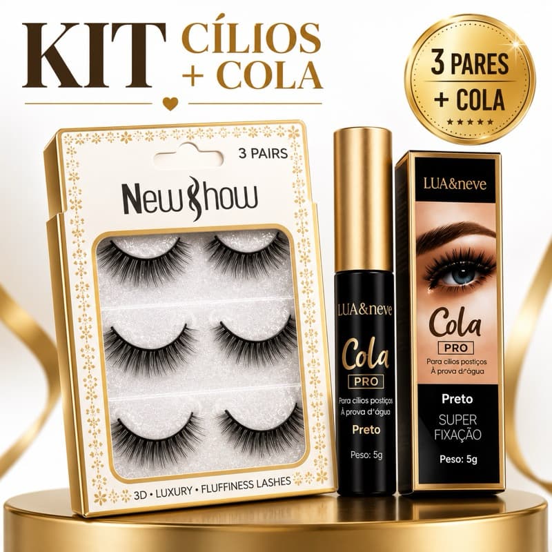 Kit 3 pares Cílios Postiços 3D New Show + Cola Pro Preta Lua&Neve 5g | Efeito Natural e Longa Duração