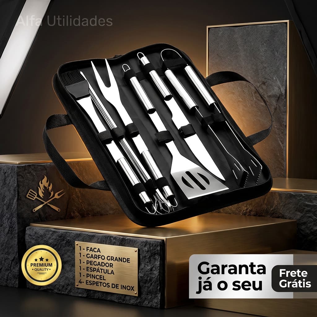 Kit Churrasco 9 Peças Inox Profissional Com Bolsa Maleta