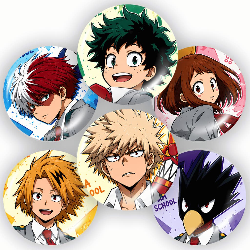 Kit 6 Bottons My Hero Academia Broches Geek Otaku Deku Bakugo Todoroki Uraraka Kaminari Tokoyami 45mm Anime