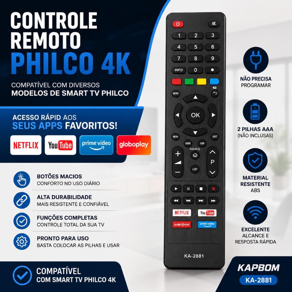Controle Remoto Smart TV Philco 4K Compatível Netflix YouTube Prime Video Globoplay Kapbom KA-2881
