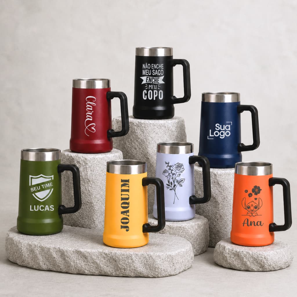 Caneca Térmica Inox 700ml Personalizada Camada Dupla Aço Inox Chopp Cerveja Café Chá Nome Time Logo