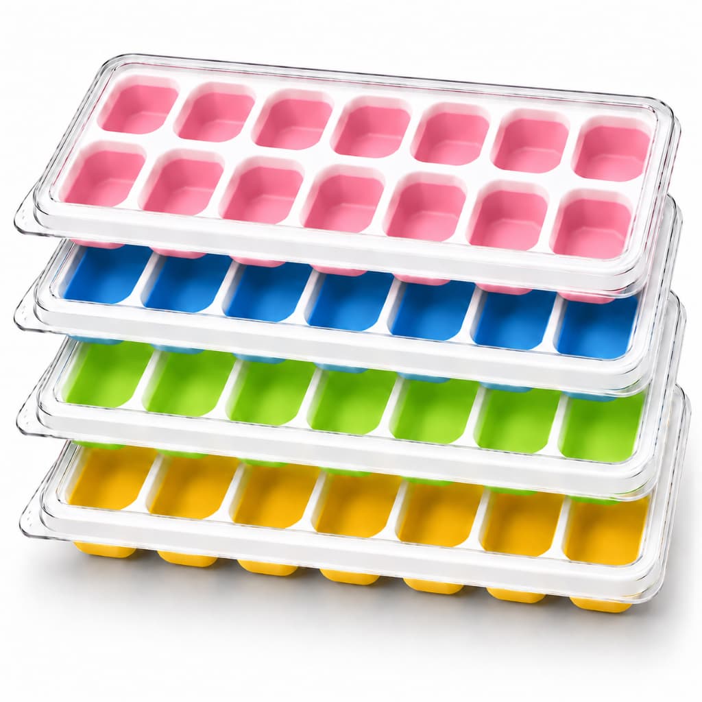 Kit 2/4 Formas de Gelo Silicone com Tampa Rígida Flexível Fundo Retangular 14 Cubos BPA Empilhável Multiuso Lavável