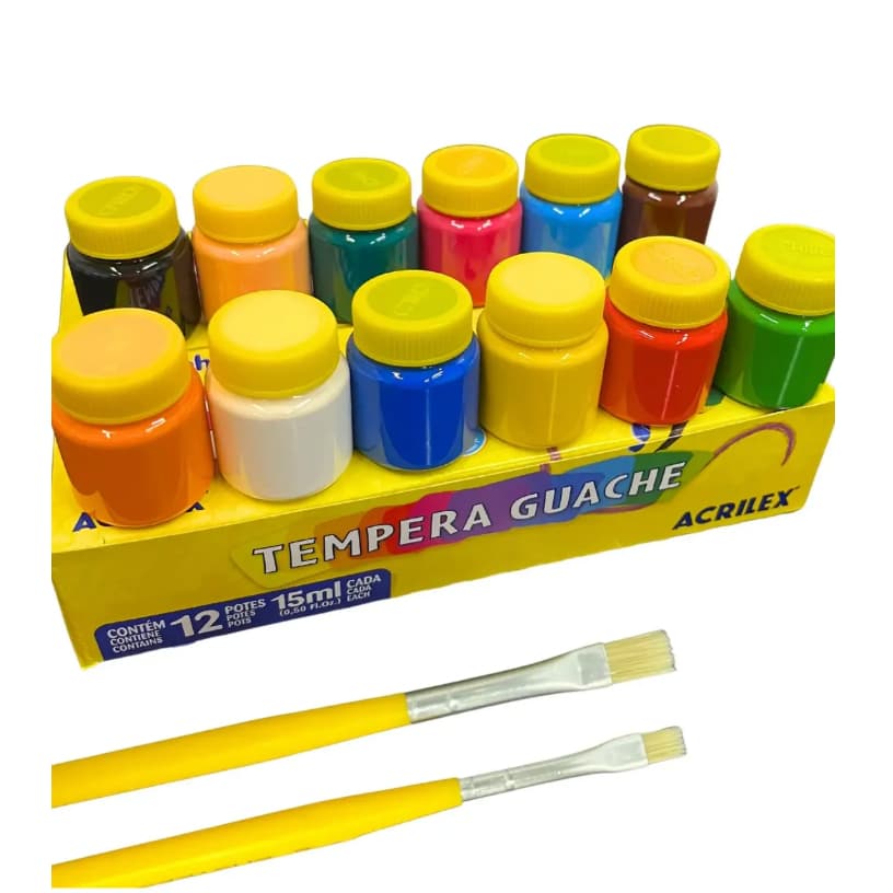 Kit Tinta Tempera Guache Acrilex 12 Cores + 2 Pincéis