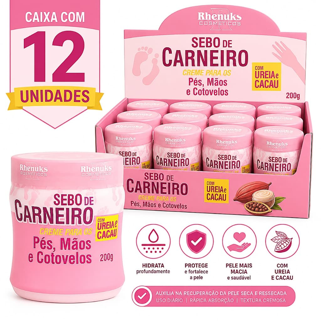 Kit 12 Sebo De Carneiro Rhenuks Creme Hidratante Pés Mãos Cotovelos Com Ureia E Cacau Atacado