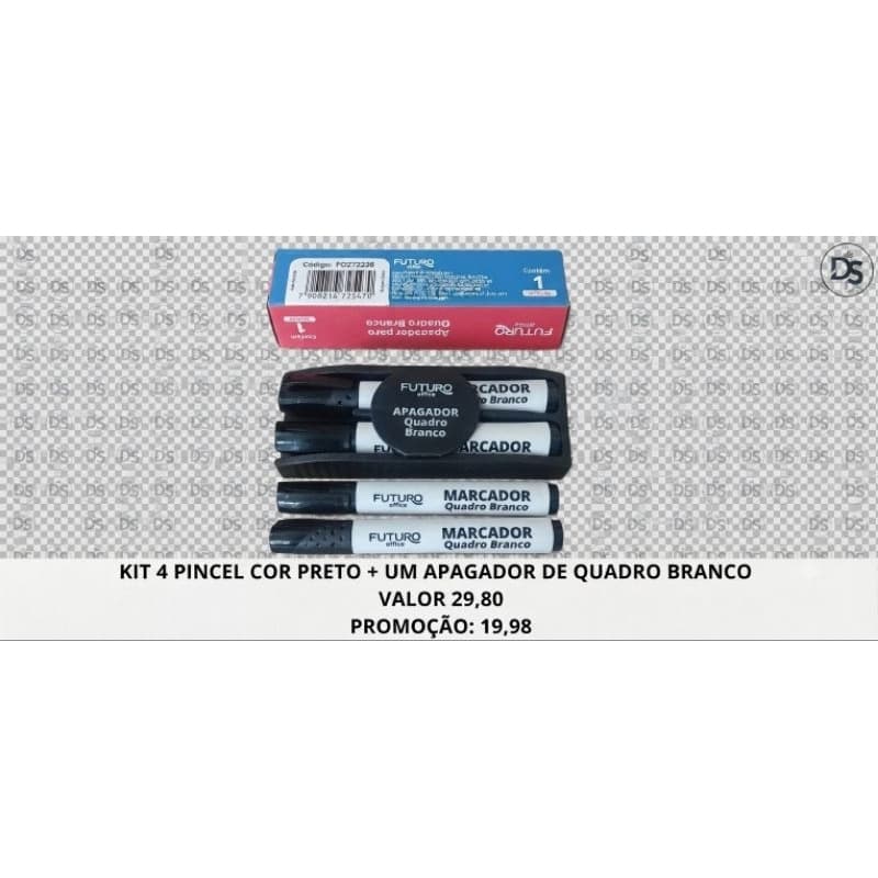 Kit Pincel + Apagador de Quadro branco. Caneta cor preta
