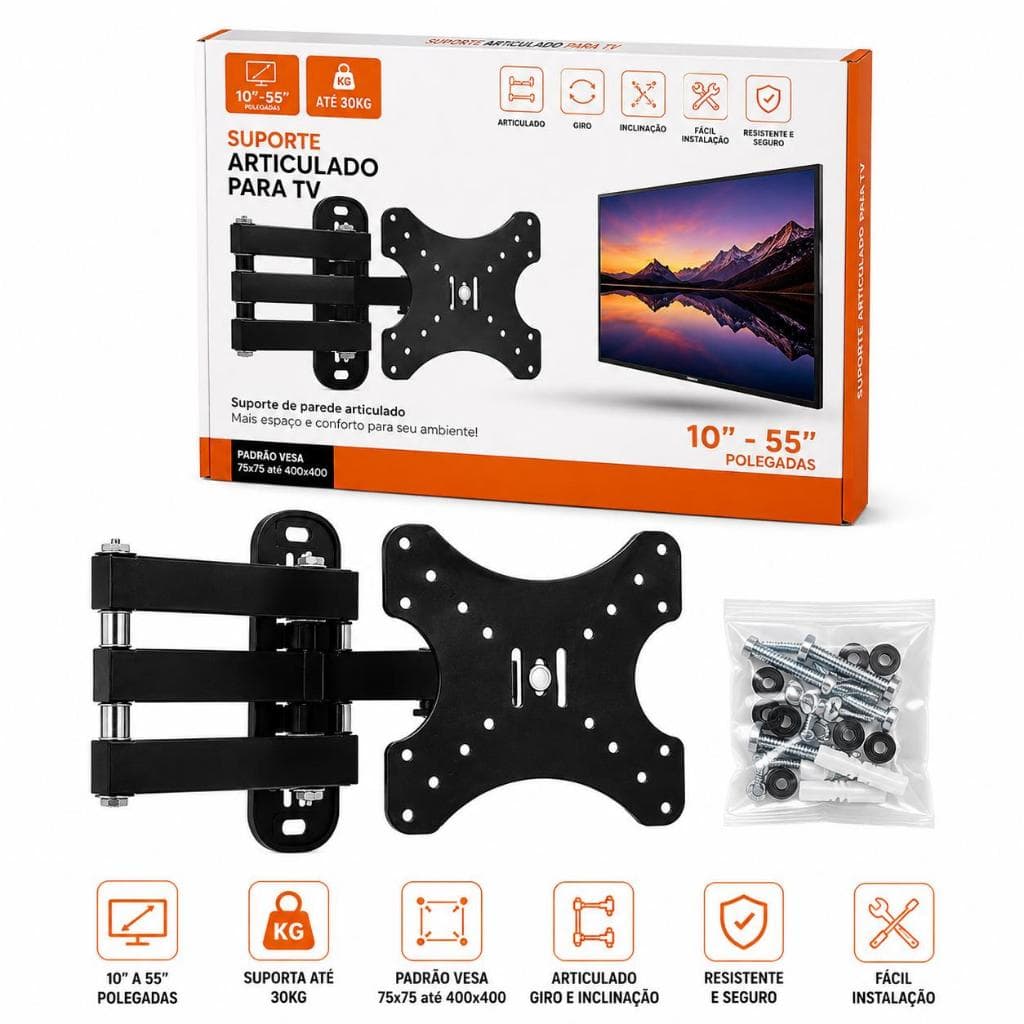 Suporte Articulado para TV 10 a 55 Polegadas Universal Compatível VESA com Giro Inclinação para LED LCD Smart TV