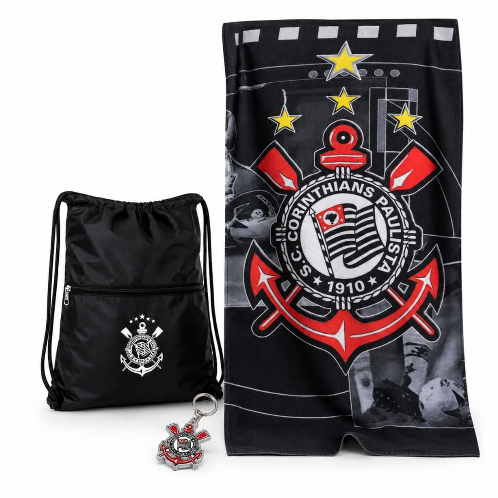 Toalha De Banho E Piscina Corinthians 1,40m + Mochila Saco + Chaveiro Presente Adulto Infantil