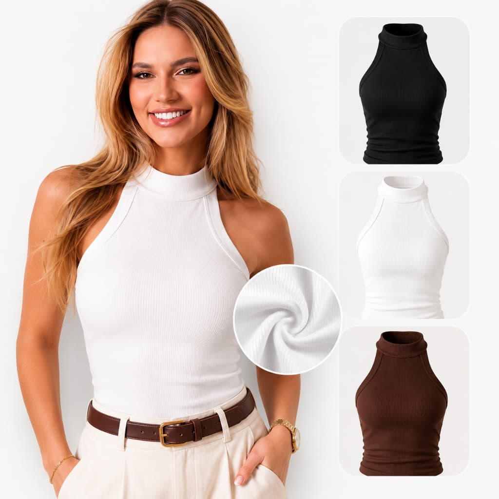 Regata Gola Alta Feminina Blusa Confortavel Regata Premium Gola Alta Sem Manga Ribana Canelada