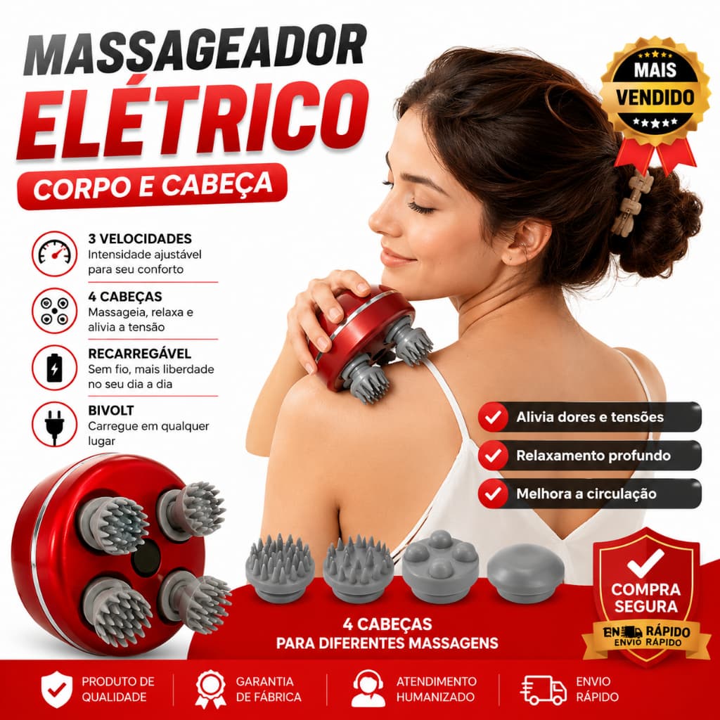 Massageador Elétrico Recarregável Corpo e Cabeça 3 Velocidades 4 Cabeças Bivolt Cores Sortidas