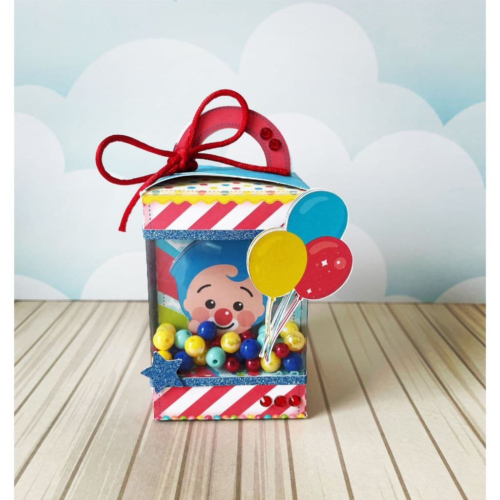 ✨ Caixa Quadrada com Alça Luxo - Palhaço Plim Plim, Herói do Coração - Papelaria Personalizada - Lembrancinha de Festa