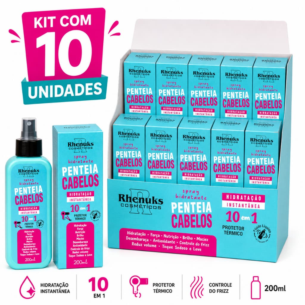 Kit 10 Spray Hidratante Penteia Cabelos Rhenuks 200ml Protetor Térmico 10 em 1 Atacado