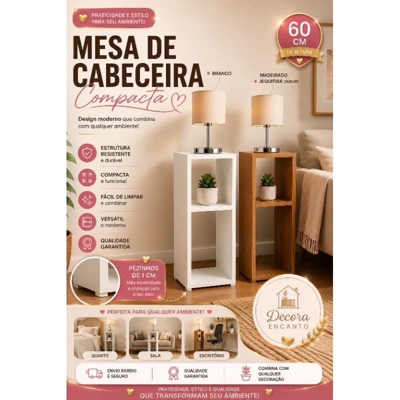 Mesa de Cabeceira Compacta 20x20x60cm – Criado-Mudo Vertical para Quarto/Sala/Nicho/cama