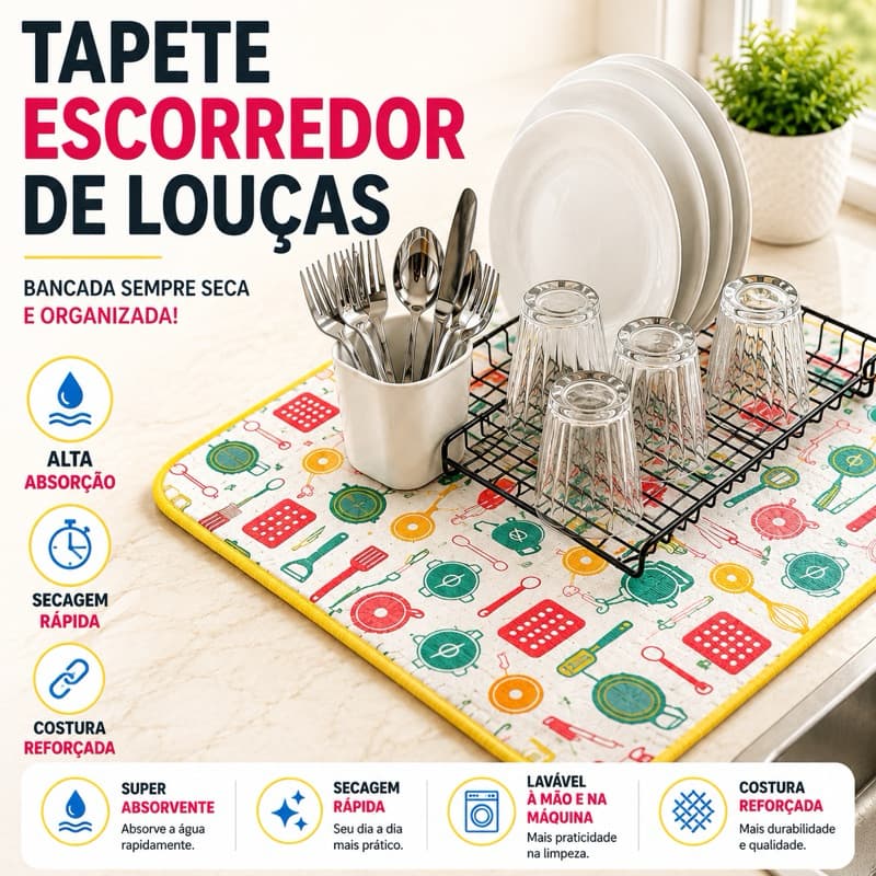 Tapete Escorredor de Louça 50x38cm  Absorvente Secagem Rápida em Poliéster Para Cozinha Bancada Pia