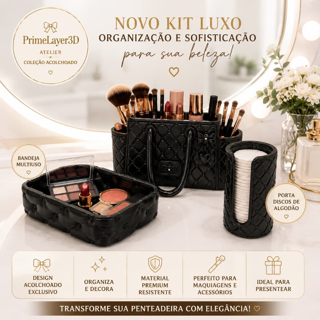 Kit Organizador Maquiagem Luxo 3 Peças Bolsa + Bandeja + Porta Algodão Premium Acolchoado