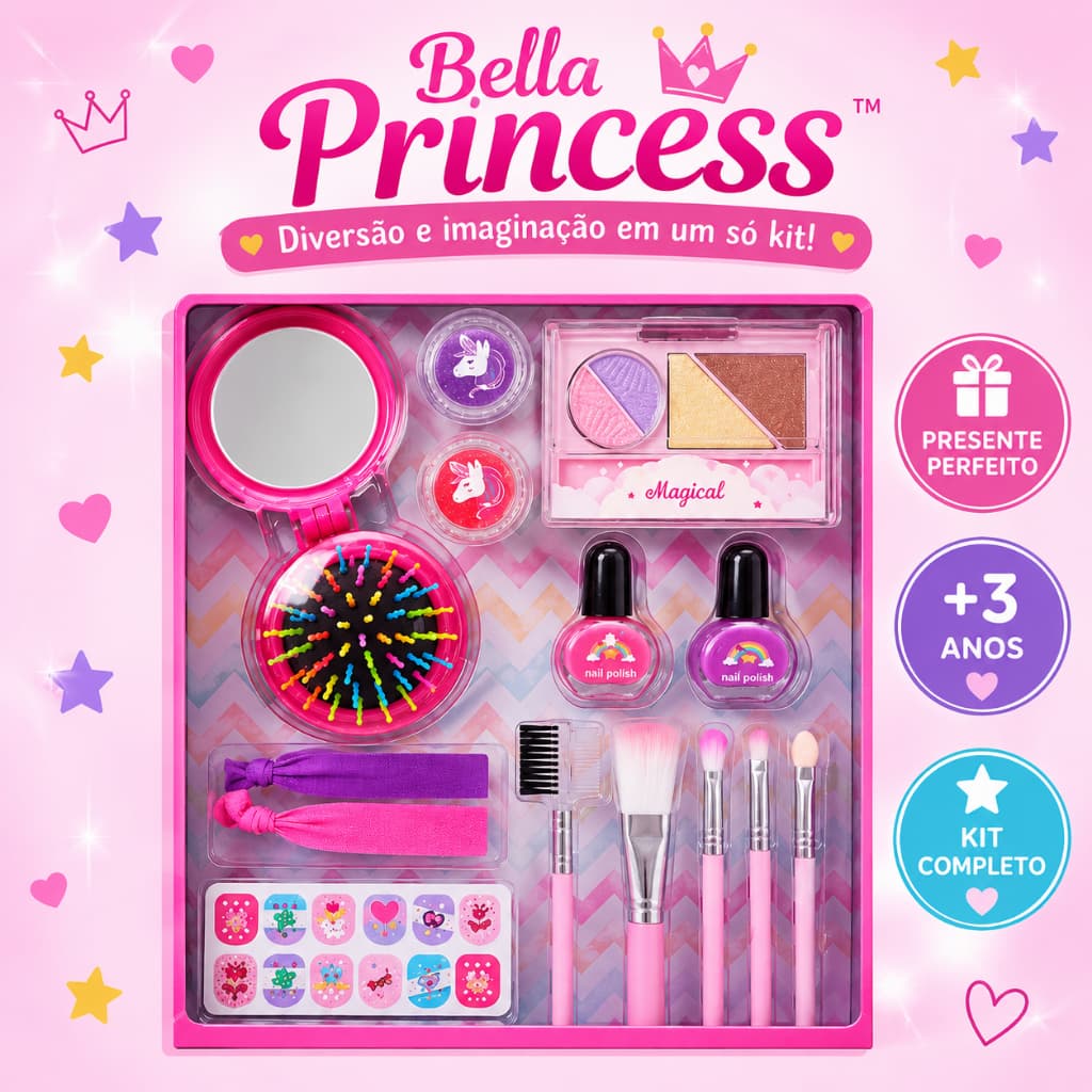 Kit Maquiagem Infantil Completo com Acessórios e Espelho Brinquedo Menina +3 Anos