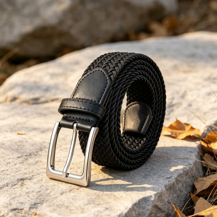 Cinto Social Masculino: Tecido Trançado Elástico com Ponteiras de Couro - Estilo Versátil e Confortável