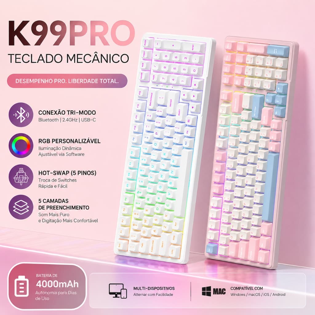K99PRO Teclado Mecânico gamer Wireless Hot Swap 5 pinos Switch Software RGB Anti-Ghosting NKRO PC tablet notebook